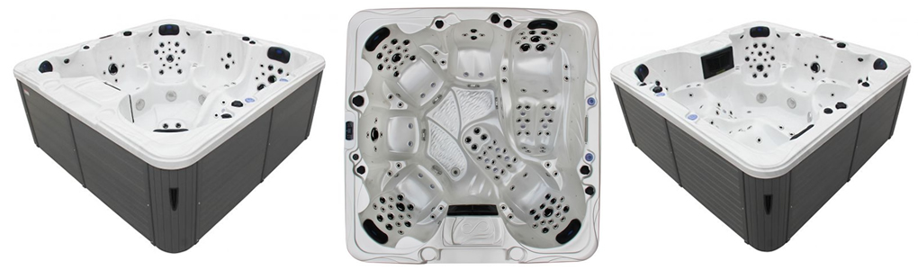 Volta 6 person hot tub side and birds eye view on white background